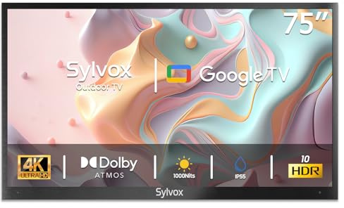 SYLVOX Outdoor TV, 75 Zoll Smart TV wasserdichte Outdoor Fernseher, 4K Fernseher für draußen, Unterstützung Google Assistant, Bildschirmspiegelung, 1000 nits Helligkeit Partial Sun (Deck Pro 2.0)