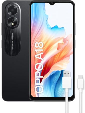 OPPO A18 - Smartphone Libre, 4GB+128GB, Pantalla HD+LCD 6.6, Cámara 8+2+5MP, Android, Batería 5000mAh, Carga 10W – Negro