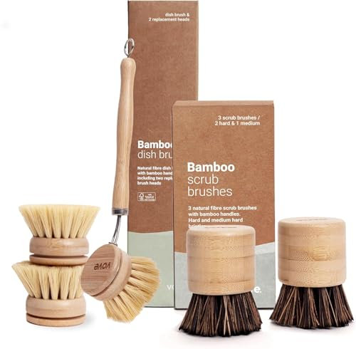 Vove Paquete de cepillo para platos | Cepillo de bambú para platos y fregar | con 3 cabezales de repuesto | Paquete de limpieza ecológico | Fibra natural | Sin plástico | Cepillo de platos sostenible