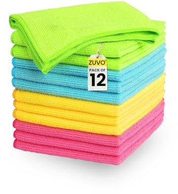 Zuvo Microfibre Cloth Pack of 12 (32x32 cm) - Ultra-Soft, Highly Absorbent, Lint-Free Cleaning Rags, Reusable Large Cloths for Home, Office, Car Care, and Glass in Assorted Grey, Green, Blue, Yellow
