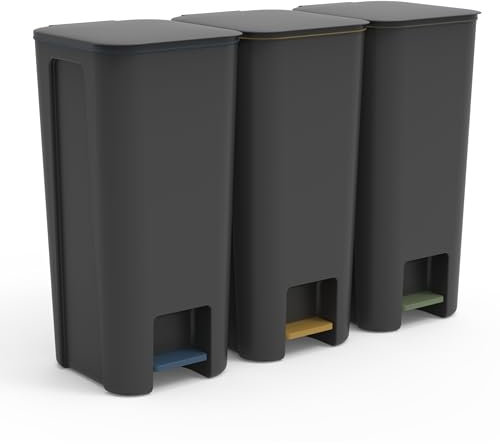 Go Practic Treteimer Set 3X 40L Tretmülleimer mit Pedal, Mülleimer, Mülltrennsystem für Papier, Kunststoff und Glas, Küchenmülleimer Recycling, mit Deckel, Küche