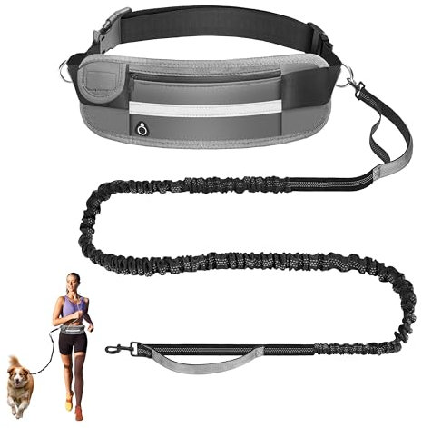 PETCOOZ Joggingleine Hunde mit Bauchgurt, 160-220cm verstellbar, Reflektierend Elastisch Laufleine für Große Hunde, Freihändig Hundeleine mit Gürteltasche, Dual Griffe zum Joggen Laufen, Grau