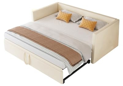 Algado Cama Tapizada, Sofá Extensible 90/180 x 200 cm, Multifunción Con Somieres, Tela de Terciopelo Agradable a la Piel, Para Invitados y Juvenil (Beige)