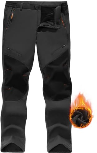 Voqeen Waterproof Trousers for Men Winter Fleece Lined Walking Trousers Thermal Softshell Hiking Pants for Outdoor Winter Work Trousers with Zip Pockets for Camping Fishing Skiing Grey