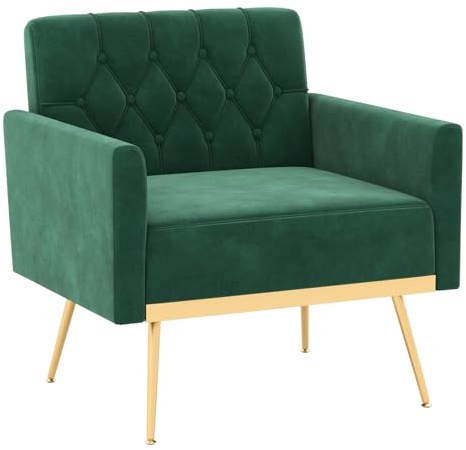 KOMFOTT Velvet Accent Chair, Modern Tufted Armchair with Golden Metal Legs & Adjustable Foot Pads, Upholstered Sofa Chair for Bedroom, Comfy Living Room Chairs, Green