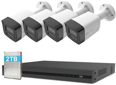EZVIZ 4K Kit Cámaras Vigilancia Exterior PoE, 4 Cámaras de Seguridad 8MP con Detección IA de Personas/Vehículos, 2TB HDD NVR Grabación Continua, Visión Nocturna a Color, Impermeable IP67, H3K PoE Kit