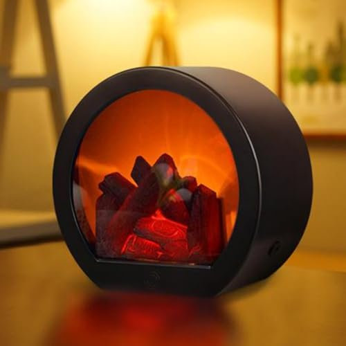 Chimenea eléctrica, linterna redonda para chimenea, lámpara de mesa LED con llama realista tradicional, estilo carbón, 10,5 x 18,5 cm