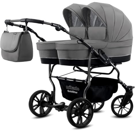 Passeggino doppio gemellare 3in1. Carrello 3 pezzi e accessori: 2 navicelle + 2 passeggini + 2 seggiolini auto + accessori. BBtwin Gold Star. Grigio