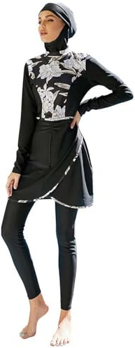 Generisch Costume da bagno da donna, costume da bagno musulmano, a maniche lunghe, con foulard, 3 pezzi, Costume da bagno F2 nero, M