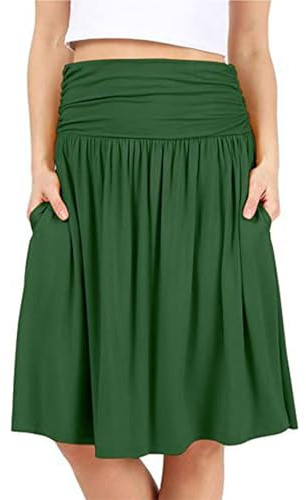 Faldas de verano para mujer con bolsillos, falda plisada de cintura alta fruncida con cintura elástica, faldas casuales hasta la rodilla 2025, verde, XL