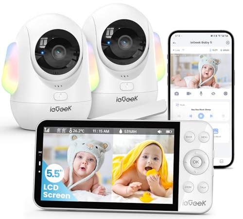 ieGeek Babyphone mit 2 Kameras APP [2,5K/4MP, 5,5 Zoll] WLAN Video babyfone, PTZ 360°/100°, AI-Erkennung, Smartes Nachtlicht, Automatische Verfolgung, Weinen/Bewegungs/Geräuscherkennung