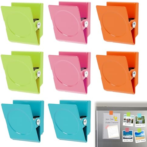 LUCTHY 8 Pcs Magnetic Clips for Fridge & Whiteboard, Colourful Magnets | 8 colourful magnet clips. Strong magnetic hold for notes, photos & memos. Scratch-resistant. For fridge, whiteboard & lockers