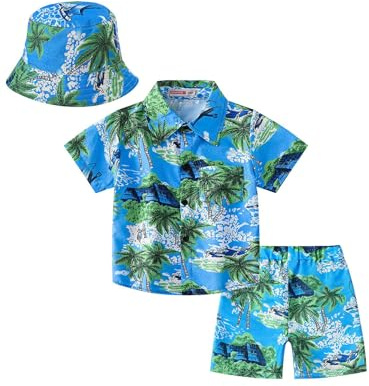 Moggemol Set Estivo Per Bambini Hawaii Con Camicia A Maniche Corte Pantaloncini E Cappello Da Pescatore Completo Abbigliamento Vacanza Al Mare Verde 9-10 anni