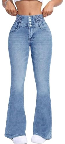 KKSONG Women's High Waisted Flare Jeans Wide Leg Bell Bottoms Stretchy Denim Pants - Button Fly Tummy Control Light Blue S.