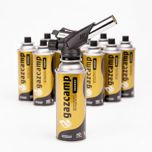 Gazcamp Lötbrenner 220 RS, Präzisions-Gasbrenner mit Piezo-Zündung, 650°C Arbeitstemperatur, für MSF-1A Kartuschen (mit Auswahl Anzahl der Kartuschen) (Lötbrenner + 8 Kartuschen)