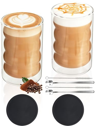 XLMJDZQ Latte macchiato-glas med dubbla väggar, 350 ml, set om 2, termoglas av borosilikatglas med skedar och underlägg, kaffeglas för cappuccino, mjölk, te