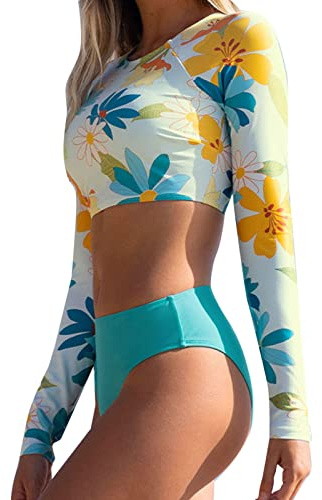 Generisch 2026 novedades vestido de verano para mujer bikini conjunto traje de baño mujer 2 piezas bikini conjunto manga larga estampado floral Crop Top con bragas playa natación trajes mujer split