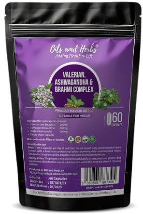 Valerian, Ashwagandha & Brahmi Complex – 6400mg Strength | 10:1 Herbal Extract Blend + Powder | 60 Vegan Capsules | UK Made | No Fillers or Binders | Gluten & Soy Free