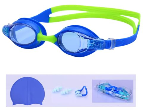 APGLSXY Set di occhialini da nuoto per bambini, a prova di perdite, con clip per il naso, set con cappello impermeabile per bambini e ragazzi