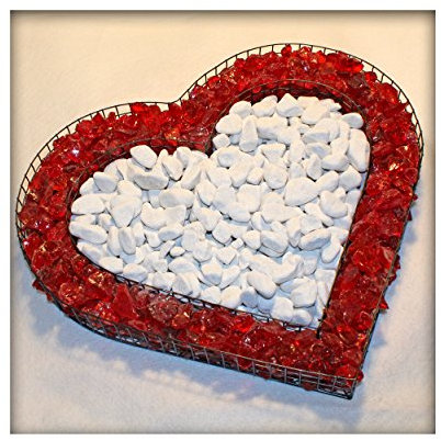 Herz Gitter Pflanzschale Grabschmuck Grabgestaltung mit rotem Glassplitt und Marmorkies für Innen- und Außenbereich 37,5 x 31,5 x 4 cm