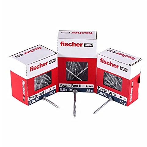 fischer - Vis à bois PowerFast II 3,5x35 Tête cylindrique bombée, empreinte TX, zingué blanc, filetage total/Boite de 200