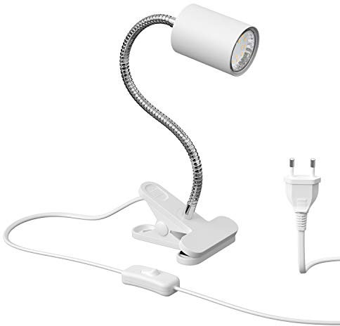 ledscom.de Klemmleuchte WAIKA mit Schwanenhals und Schalter weiß matt, inkl. GU10 LED Lampe (warmweiß, 2,339W, 227lm, 110°)