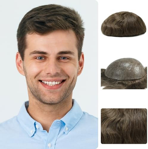 Zakya Perruque pour Homme, 100% Cheveux Humains, Système de Remplacement de Cheveux, Toupet Cheveux Humains, Taille de Base 20 x 25 CM (Brun Clair 7#)