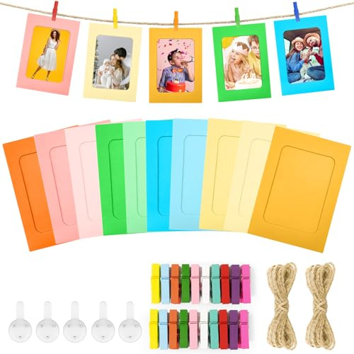 Sheryl&Rain 30 Piezas Colores Marco de Fotos de Papel,88×92MM Marcos de Papel para Fotos,Marco de Fotos Carton con 30 Clips de Madera 3 Cuerdas de Cáñamo y 15 Clavos sin Marcas