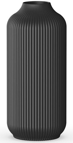 VZMIZA Ribbed Black Ceramic Vase - Decorative Flower Vase for Pampas Grass - Small vase for Home Living Room - black Vases Home Decor & Boho - Table Dining (Medium)