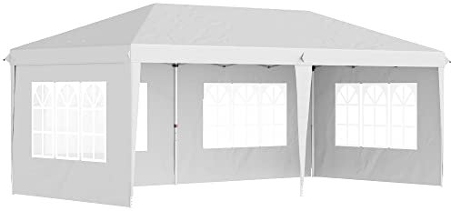Outsunny Pavillon ca. 3x6m Wasserdicht Pop-up Faltpavillon mit 4 Seitenwänden, Fenster, Partyzelt mit UV-Schutz, Oxford Gartenpavillon inkl. Tragetasche Gartenzelt für Balkon, Terrasse, Weiß