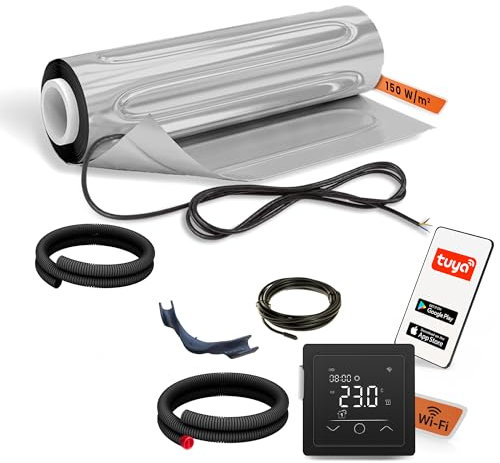 EH Expert AluPROFI -150 W/m²- 9 m² -Heizmatten-Set für schwimmende Bodenbeläge –Elektrische Fußbodenheizung für Vinyl, Laminat, Parkett– mit WLAN-Touchthermostat und Installationsmaterial (Schwarz)