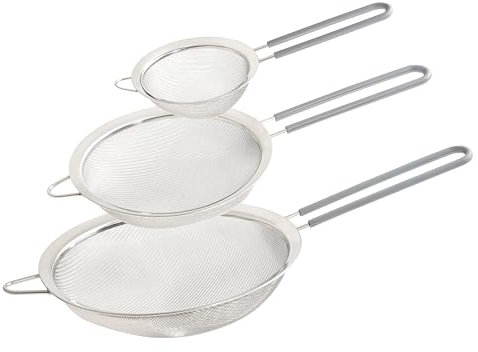 Wiltshire Set of 3 Sieves, Stainless Steel Fine Wire Mesh Strainer with Non-Slip Silicone Coated Handle, Colander & Sifter, Sift Strain Drain & Rinse, 10cm 15cm & 20cm, Dishwasher Safe, Pebble Grey