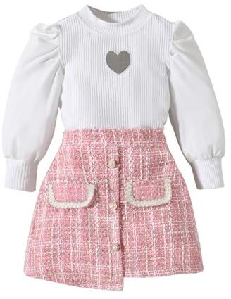 UUAISSO Småbarn, bebis, flickkläder, långärmad, ribbade toppar, pläd, tweed-mönster, kjol, basker, höst, knapp, kläder, set, Hjärta rosa, 5-6 Jahre