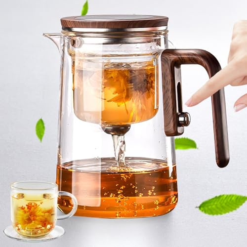 Tetera de cristal para separación de agua con filtro y mango de madera - Tetera mágica, diseño innovador para disfrutar del té uniformemente, tetera transparente con infusor