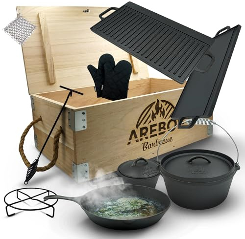 Arebos Dutch Oven Set 9-teilig | Gusseisen BBQ Set mit Grillplatte, Feuertopf, Pfanne, Deckelheber, Untersetzer & Zubehör | Outdoor Kochen für Grill, Camping & Lagerfeuer