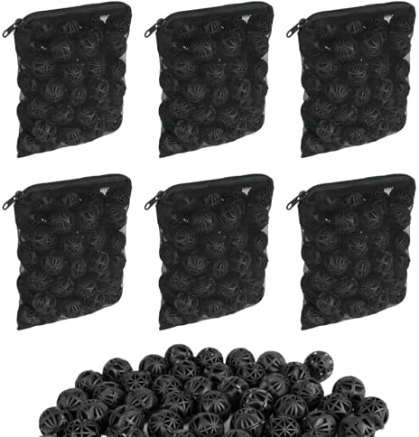 CONEHOY 600 Pcs Bio Filter Balls with 6 Pieces Filter Media Bags Mesh Bags with Zipper 1.02 Inch Black Internal Bioballs Filter Media for Pond Fish Tank Aquarium