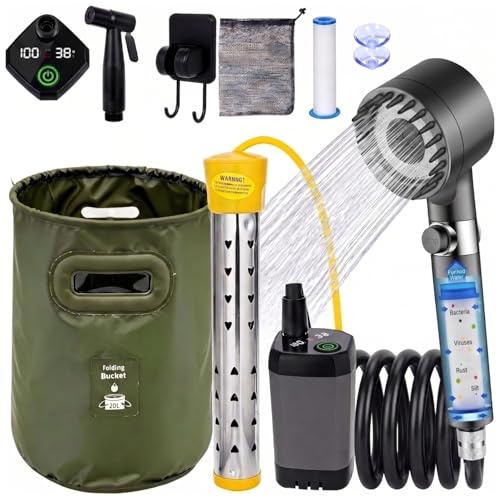 Ducha portátil para campamento con calentador, bomba de ducha portátil para campamento con batería de 6000 mAh, calentador de agua de 1500 W, cubo plegable de 5.3 galones, ducha al aire libre con