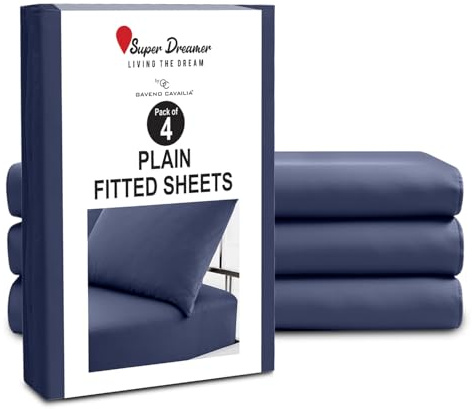 GC GAVENO CAVAILIA Microfiber Fitted Sheet Double - 4 Pack Plain Bed Sheets - Deep Pocket 10 inch (25cm) - Shrinkage, Fade & Wrinkle Resistant Bottom Sheet Washable Fit to Mattress (137x193 cm) - Navy