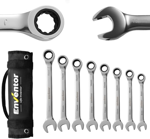 Enventor 8-teiliger Ratschenschlüssel Set, Maulschlüssel set, 8mm bis 19mm, 72 Zähne, 5° Schwenkbereich, Chrom-Vanadium-Stahl (CR-V), Rolltasche, Heimwerkerwerkzeuge, Werkstattwerkzeuge