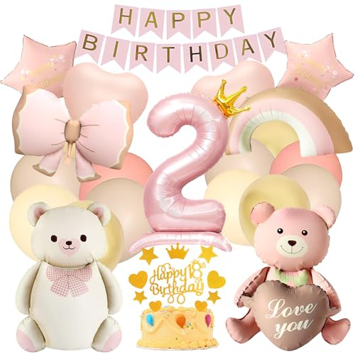Bär Geburtstagsdeko Jahr Mädchen Set mit Luftballons, Folienballon Geburtstag Mädchen, Herz Stern Regenbogen Schleife und Girlande für Babyparty Kindergeburtstag Rosa (color-2)