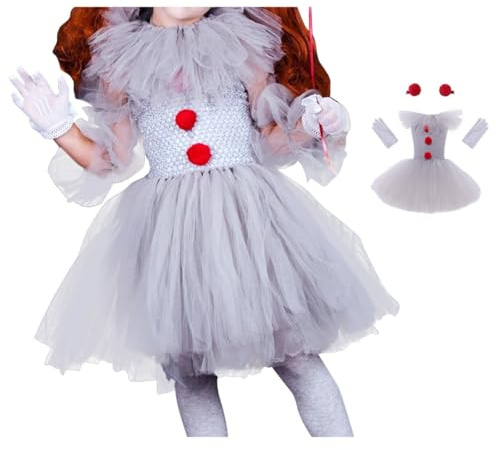 Costume Pennywise Enfant Fille Effrayant - Déguisement Clown Tueur Horreur 3 Pièces avec Robe Tutu, Gants et Épingle à Cheveux Rouge pour Halloween, Carnaval, Fête Cosplay 3-12 Ans