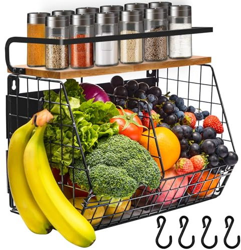 Lermende Cesta magnética colgante para frutas y especias 2 en 1, organizador de cocina sin taladrar, juego de almacenamiento para frutas y verduras, estante colgante con bandej
