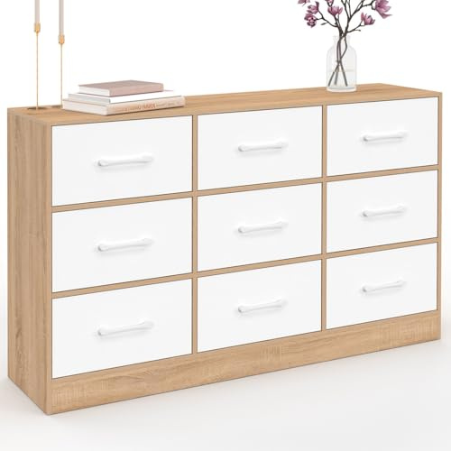 IDMarket - Cómoda con 9 cajones de tela UPPAH, 113 cm, mueble de almacenamiento de madera estilo haya y blanco
