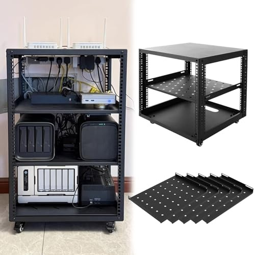 Serverställ med öppen Ram Justerbart Serverställ med Öppen Ram och Hjul, 10 12 15 18 20U Nätverksställ med Hyllor, Utrustningsskåp med Rullställ för IT och AV-utrustning(10U,5 tier)
