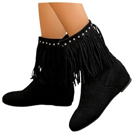 Stivaletti Con Tacco A Zeppa E Frange Stivali Corti Da Donna Con Borchie Stivaletti In Pelle Scamosciata Stivali Slip-on Larghi A Tubo Scarpe Alla Caviglia Vintage for Country /rodeo(Black,40 EU)