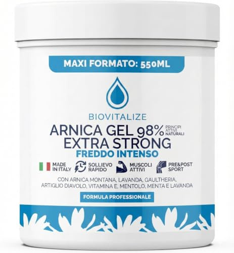 BIOVITALIZE Arnica Gel 98% Extra Forte Effetto Freddo 550ml - Crema Massaggio Muscolare e Articolare con Artiglio del Diavolo e Mentolo - Sollievo Rapido per Sport, Strappi e Gonfiori - Made in Italy