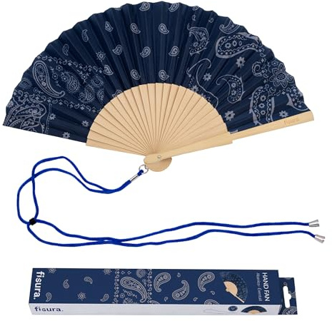 Fisura – Éventail en Bois Motif Paisley Bleu Marine, Accessoire à Main élégant avec dragonne Incluse, Style Estival Tendance pour Plage, terrasse et Vacances, idée Cadeau Femme 42,5 x 23 cm