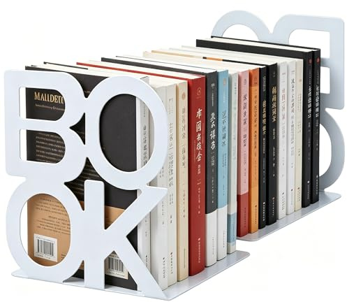 Bookends, Metal Bookends, Book Ends – Hollow Letter Design with Non-Slip Rubber Pads, 14 x 13 x 13 cm, Ideal for Students, Desks & Shelves (White)