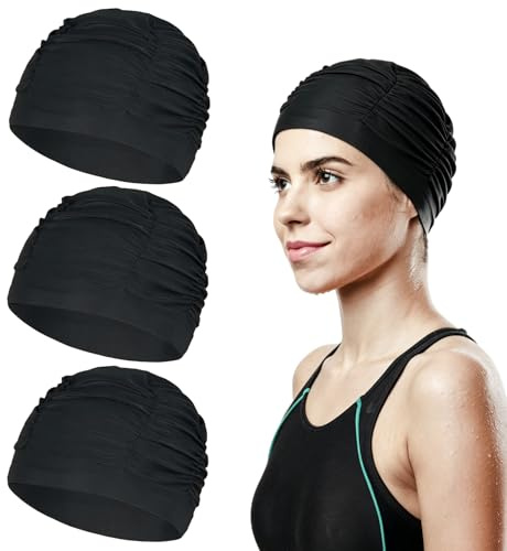 3 pezzi 25 x 15 mm cuffia da bagno in tessuto elastico, berretto da nuoto in poliestere confortevole, per donna, capelli lunghi, estate, spiaggia, cura termica, protezione dal sole, nero