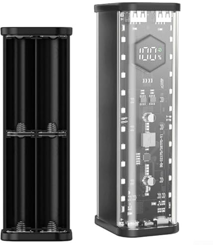 Transparent 21700 batterihölje för powerbank, 8 celler med 22,5 W dubbel utgång, LED-skärm, USB-C ingång/utgång, robust ABS gör-det-själv laddningsstationsfodral (svart)